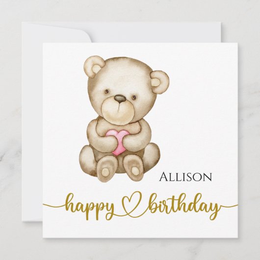 Happy Birthday Watercolor Teddy Bear Card Karte (Vorderseite)