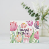 Happy Birthday Watercolor Tulips Abstrakt Postkarte (Stehend Vorderseite)