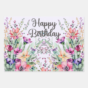 Happy Birthday Watercolor Wildblumen Field Geschenkpapier Set