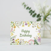 Happy Birthday Watercolor Wildblumen und Vögel Postkarte (Stehend Vorderseite)