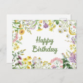 Happy Birthday Watercolor Wildblumen und Vögel Postkarte (Vorne/Hinten)