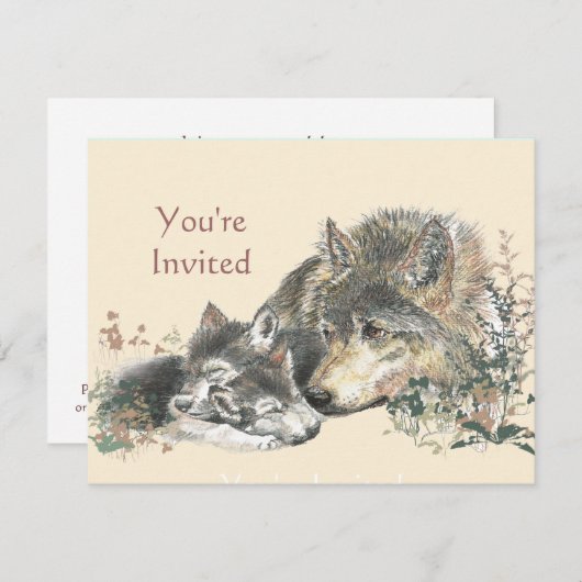 Happy Birthday Watercolor Wolf & Cub Animals Einladung (Vorne/Hinten)