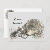 Happy Birthday Watercolor Wolf & Cub Animals Inviv Einladung (Vorne/Hinten)