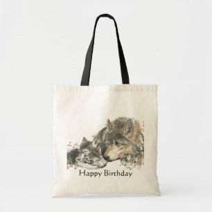 Happy Birthday Watercolor Wolf & Cubs Art Tragetasche