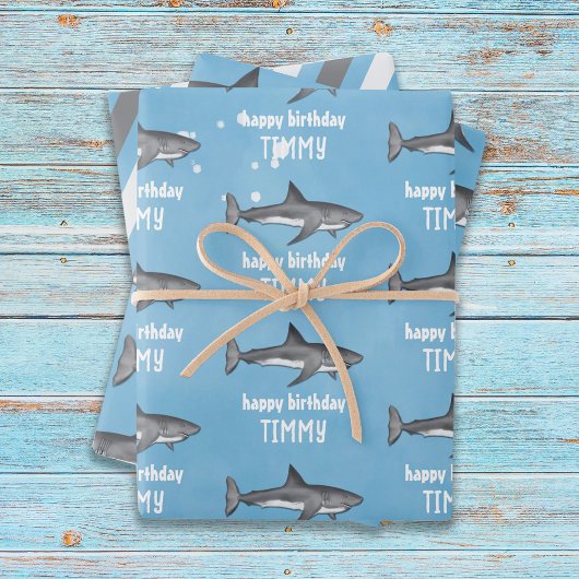 Happy Birthday Whimsical Blue Ocean Haie Spaß Geschenkpapier Set