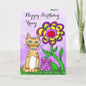 Happy Birthday Whimsical Cat und Blume Karte (Vorderseite)
