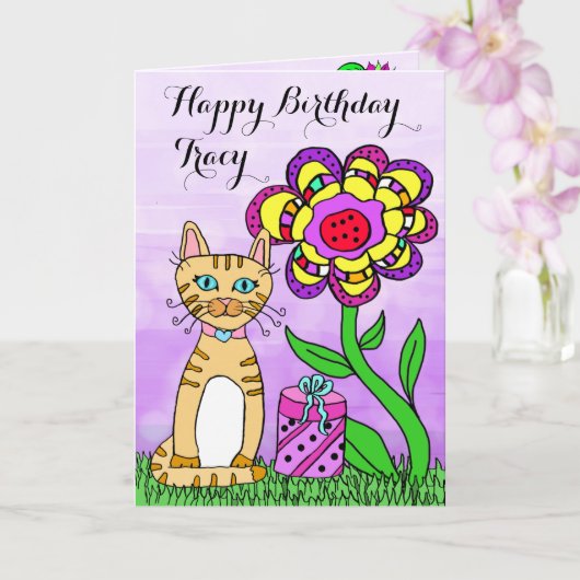 Happy Birthday Whimsical Cat und Blume Karte (Orchidee)