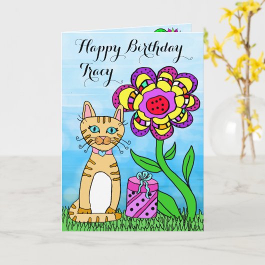 Happy Birthday Whimsical Cat und Blume Karte (Gelbe Blume)