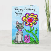 Happy Birthday Whimsical Cat und Blume Karte (Vorderseite)