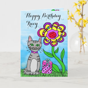 Happy Birthday Whimsical Cat und Blume Karte