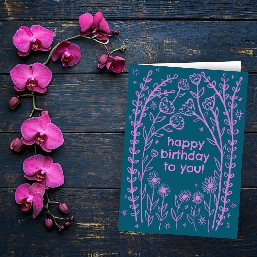 Happy Birthday Whimsical Floral Sketch Doodle Karte
