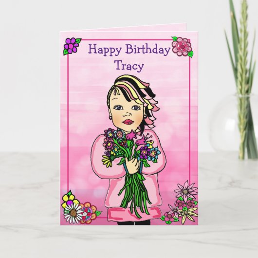 Happy Birthday Whimsical Girl mit Blume Karte (Vorderseite)