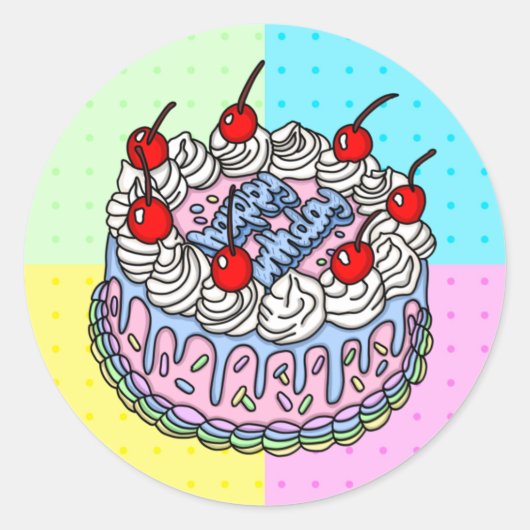 Happy Birthday Whimsical Handgezeichneter Kuchen Runder Aufkleber (Vorderseite)