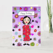 Happy Birthday Whimsical Lady mit Blume Karte (Vorderseite)