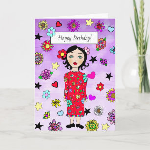 Happy Birthday Whimsical Lady mit Blume Karte