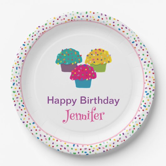 Happy Birthday Whimsical Mattiert Cupcake Pappteller (Vorderseite)