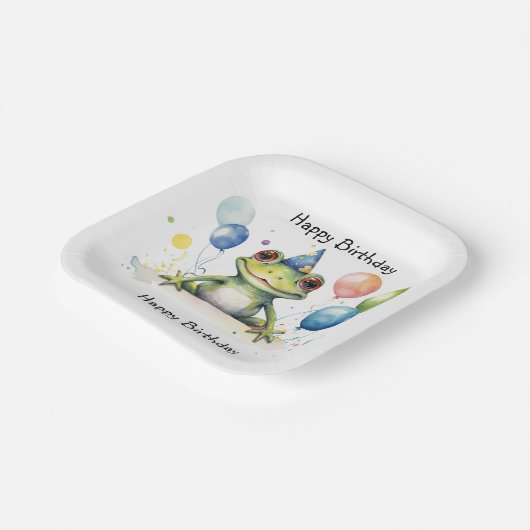 Happy Birthday Whimsical niedlicher Frosch mit Bal Pappteller (Gewinkelt)