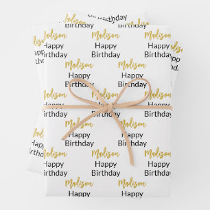 Happy Birthday White Black and Gold Script Name Geschenkpapier Set