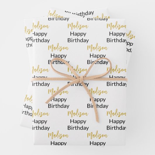 Happy Birthday White Black and Gold Script Name Geschenkpapier Set (Beispiel)