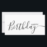 Happy Birthday White Black Modern Flat Card<br><div class="desc">Diese moderne und elegante Flachbild-Karte mit schwarzem Happy Birthday-Text auf der Vorderseite und auf der Rückseite personalisieren Sie ihn mit Ihrem Namen oder Familiennamen. Der Hintergrund ist weiß.</div>