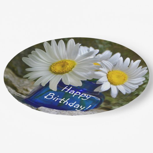 Happy Birthday White Daisy Pappteller (Schrägansicht)