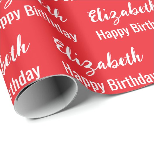 Happy Birthday White Script Name Bright Red Geschenkpapier (Rolleneckpunkt)
