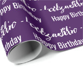 Happy Birthday White Script Name Dark Lila Geschenkpapier (Rolleneckpunkt)
