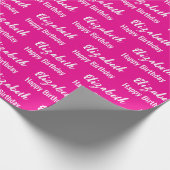 Happy Birthday White Script Name Hot Pink Geschenkpapier (Ecke)