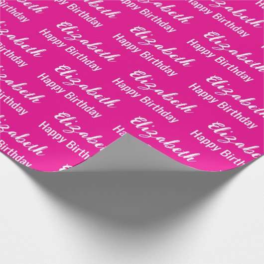 Happy Birthday White Script Name Hot Pink Geschenkpapier (Ecke)