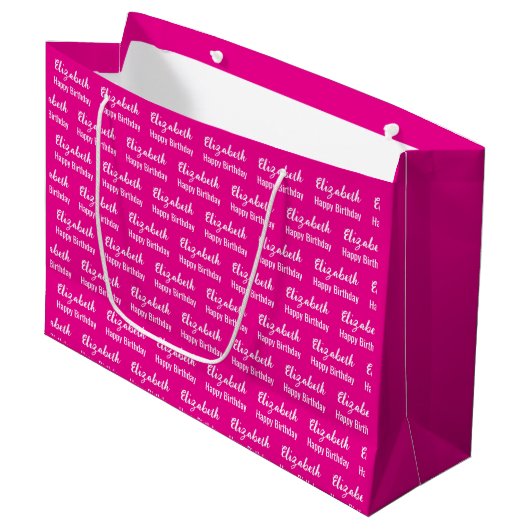 Happy Birthday White Script Name Hot Pink Große Geschenktüte (Vorderseite Schrägansicht)