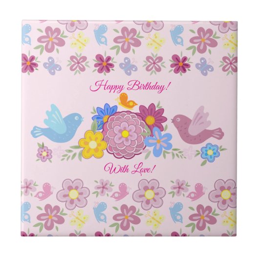 Happy Birthday Wild Blume Garden Birds Muster Fliese (Vorderseite)