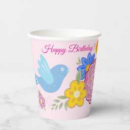 Happy Birthday Wild Blume Garden Birds Muster Pappbecher