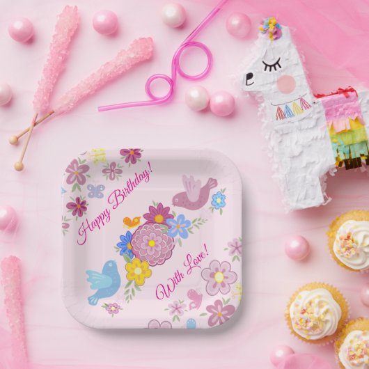 Happy Birthday Wild Blume Garden Birds Muster Pappteller (Party)