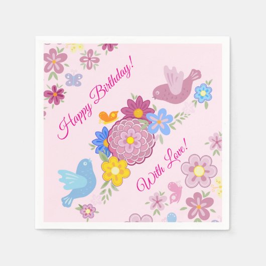 Happy Birthday Wild Blume Garden Birds Muster Serviette (Vorderseite)