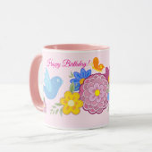 Happy Birthday Wild Blume Garden Birds Muster Tasse (Vorderseite Links)