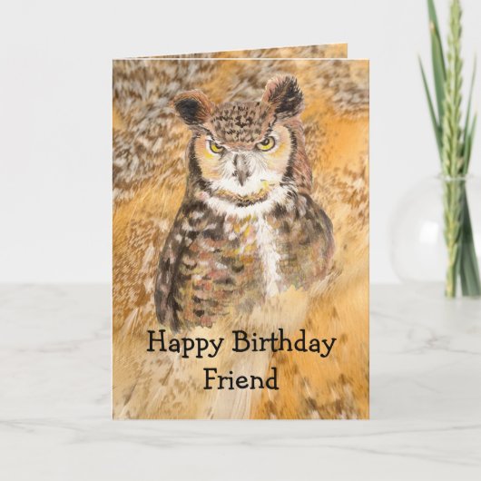 Happy Birthday Wild & Crazy Friend Wasserfarbe Owl Karte (Vorderseite)