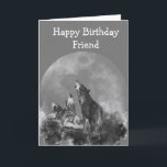 Happy Birthday Wild & Crazy Friend Watercolor Wolf Karte<br><div class="desc">Fröhlicher Geburtstagsfreund für Wild & Crazy mit Aquarellwölfen,  die auf Vollmond heulen</div>