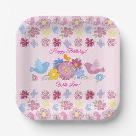 Happy Birthday Wild Flowers Garden Birds Pattern Pappteller
