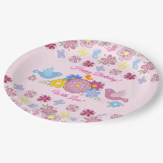 Happy Birthday Wild Flowers Garden Birds Pattern Pappteller (Schrägansicht)