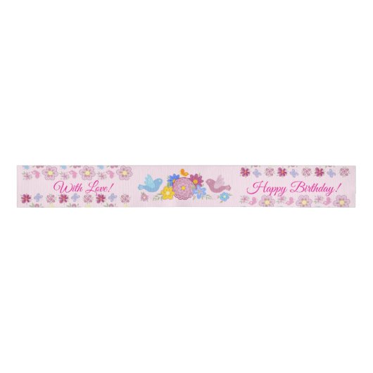Happy Birthday Wild Flowers Garden Birds Pattern Ripsband (Vorderseite)