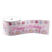 Happy Birthday Wild Flowers Garden Birds Pattern Ripsband (Spule)