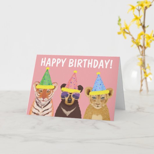 Happy Birthday Wild Party Animals Illustration Karte (Gelbe Blume)
