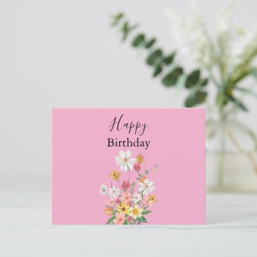 Happy Birthday Wildblumen Pink Postkarte (Stehend Vorderseite)