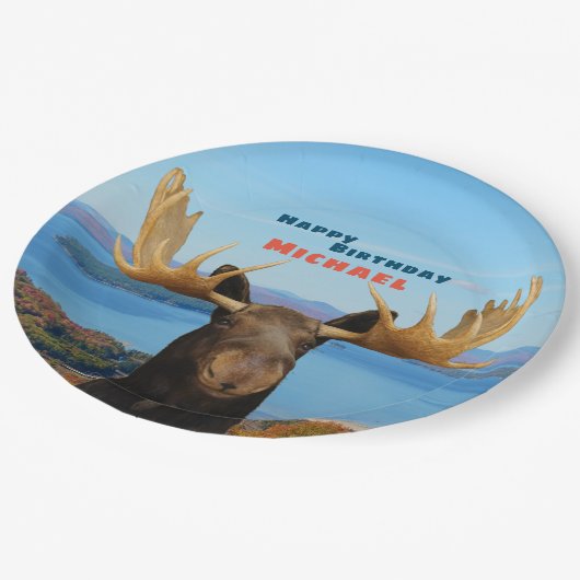 Happy Birthday Wildlife Moose Paper Plate Pappteller (Schrägansicht)