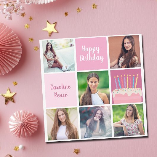 Happy Birthday Womens Foto Collage Custom Pink Karte