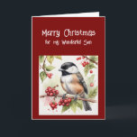 Happy Birthday Wonderful Son Chickadee Bird Feiertagskarte<br><div class="desc">Alles Gute zum Geburtstag Wunderbarer Sohn mit niedlichem Chickadevogel,  der Hüften der Rose frisst</div>