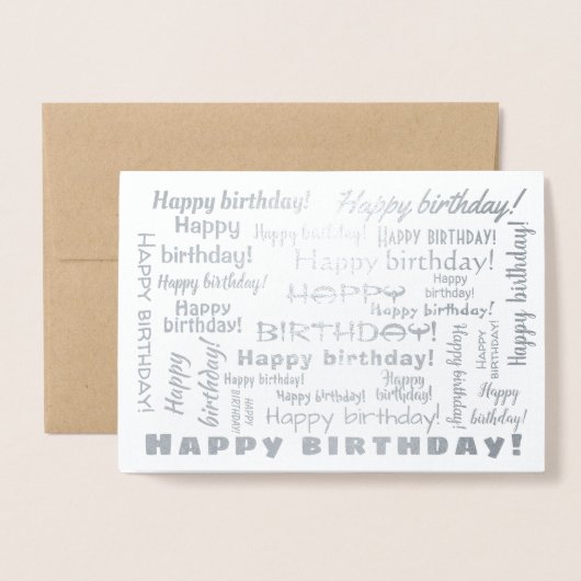 Happy Birthday Word Cloud Typografy Silver Folienkarte (Vorderseite mit Umschlag)
