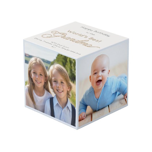 Happy Birthday World's Best Oma Multi Foto Würfel (Vorderseite Schrägansicht)