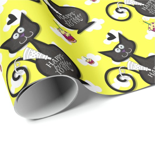 Happy Birthday Wrapping Paper Black Cat Geschenkpapier (Rolleneckpunkt)