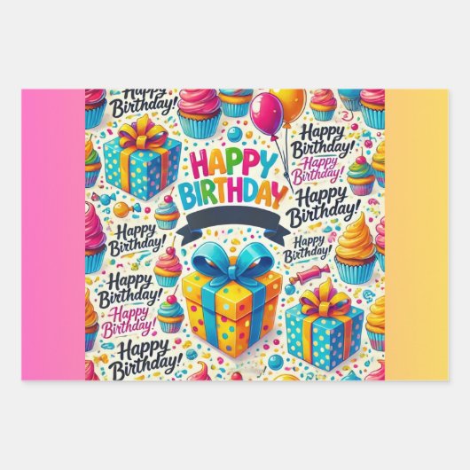 Happy Birthday Wrapping Paper Flat Sheet Set 3 Geschenkpapier Set (Vorderseite)